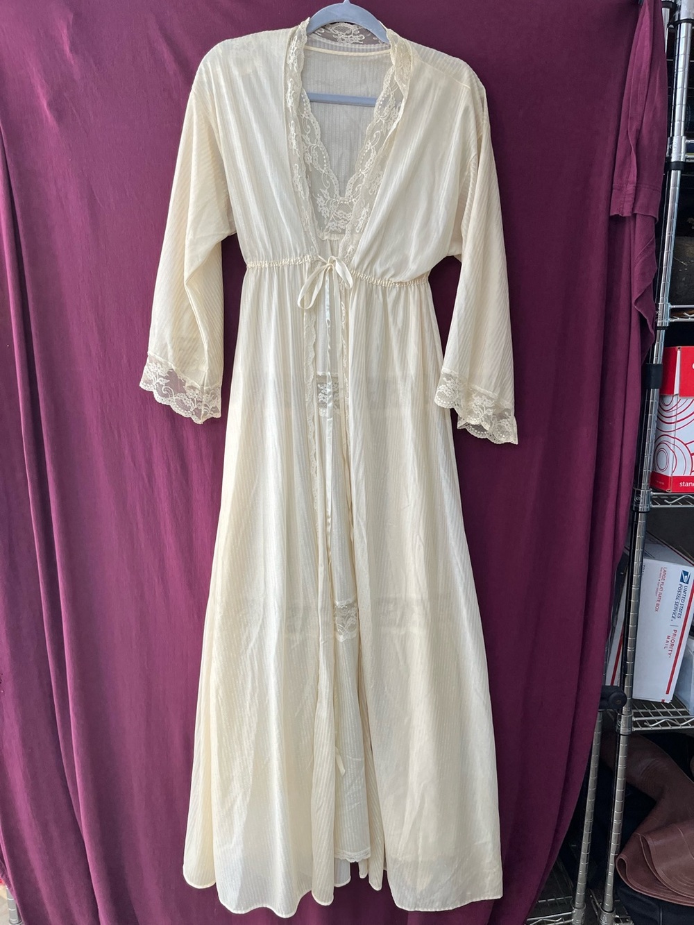 Lace-Trim Long Robe in Cream — Feminine Tie-Waist Cover-Up